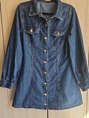 Denim Button-Front Dress With Pockets.